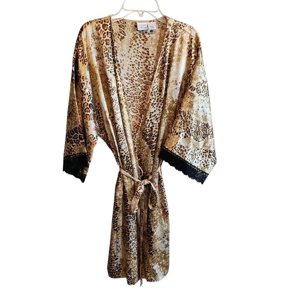 Gilligan & O’Malley Satin Robe Leopard Floral Print Black Lace Trim Size Large